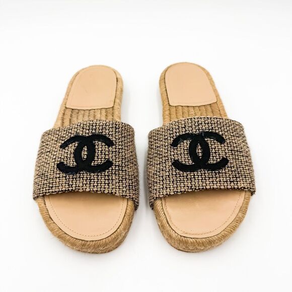 Chanel CC Logo Espadrille Slides Tweed Mules Flat Sandals EU 38 - Picture 2 of 11
